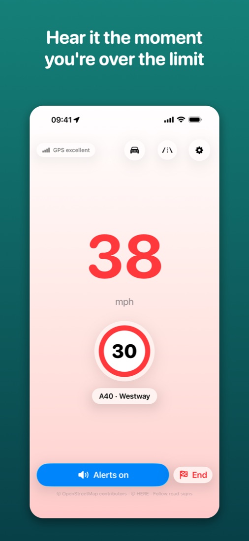 Speed of 38 mph in a 30 limit, shown in red